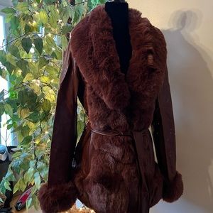 Beautiful Faux Fur Vegan Leather Rich Brown Coat
